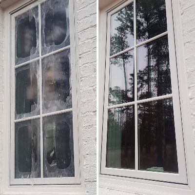 A before and after comparison of the results of our Charleston post construction window cleaning services.