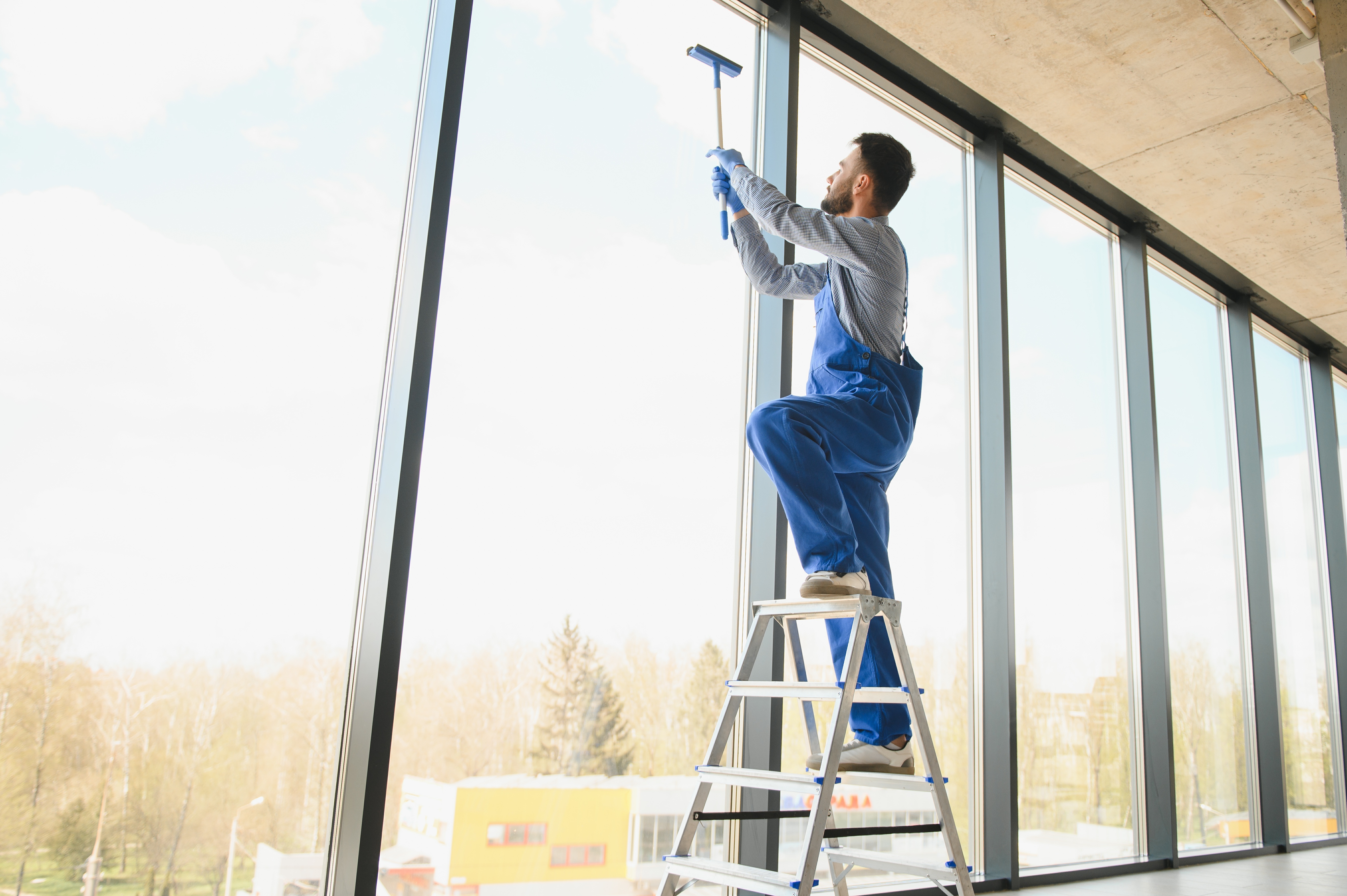 A Window Ninjas Columbia technician cleaning an office window.